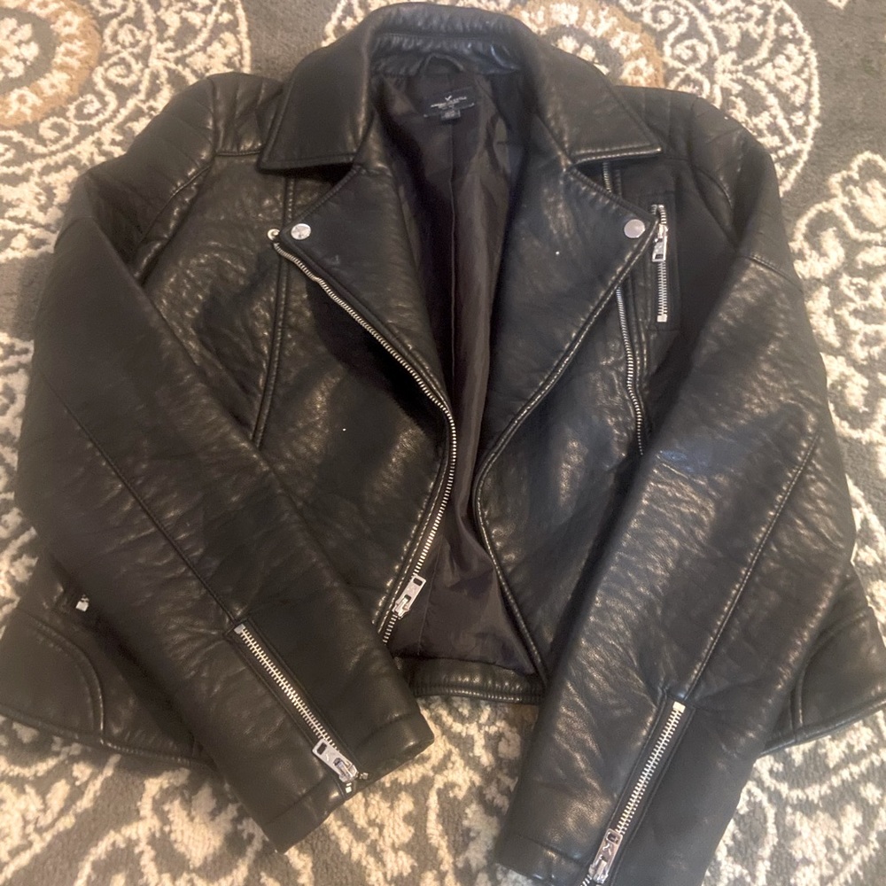 American Eagle Outfitters Black Faux Leather Full Zip Moto Jacket